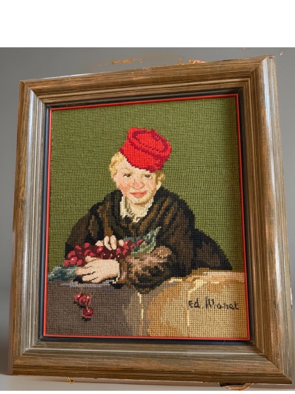 Vintage Framed Needlepoint Manet "Boy with Cherries" 11x14 Master Art